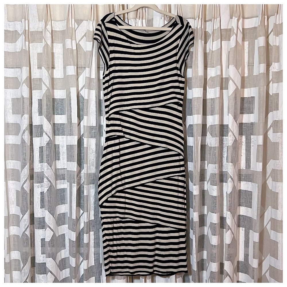 Anthropologie Striped Tight Stretchy Navy Cream Dress with Capsleeves